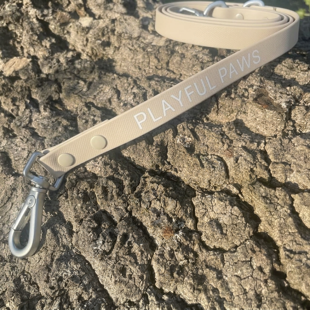 Beige waterproof Playful Paws dog lead with a metal trigger clip