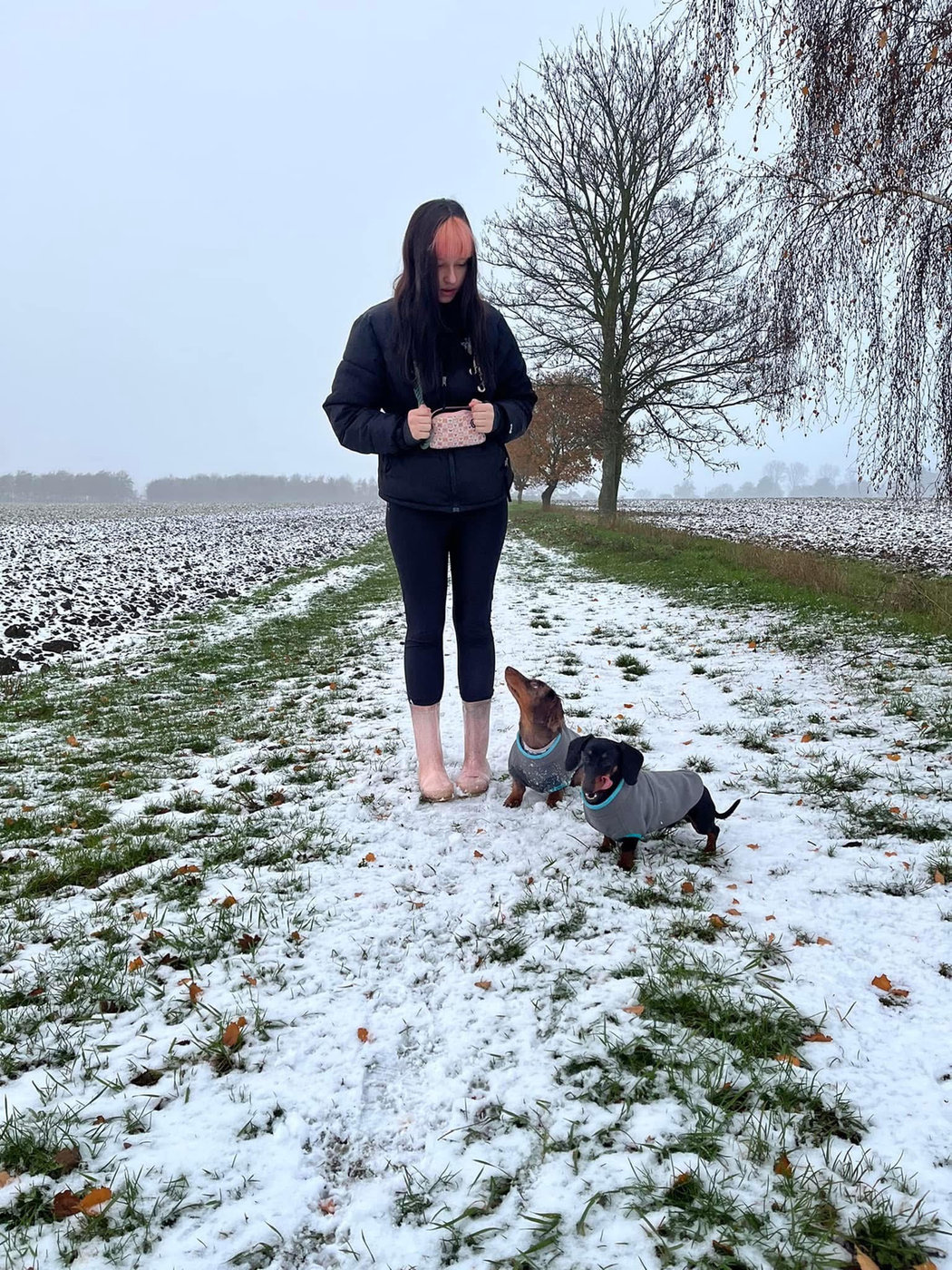 Olivia walking her two dachshunds along a snowy country path
