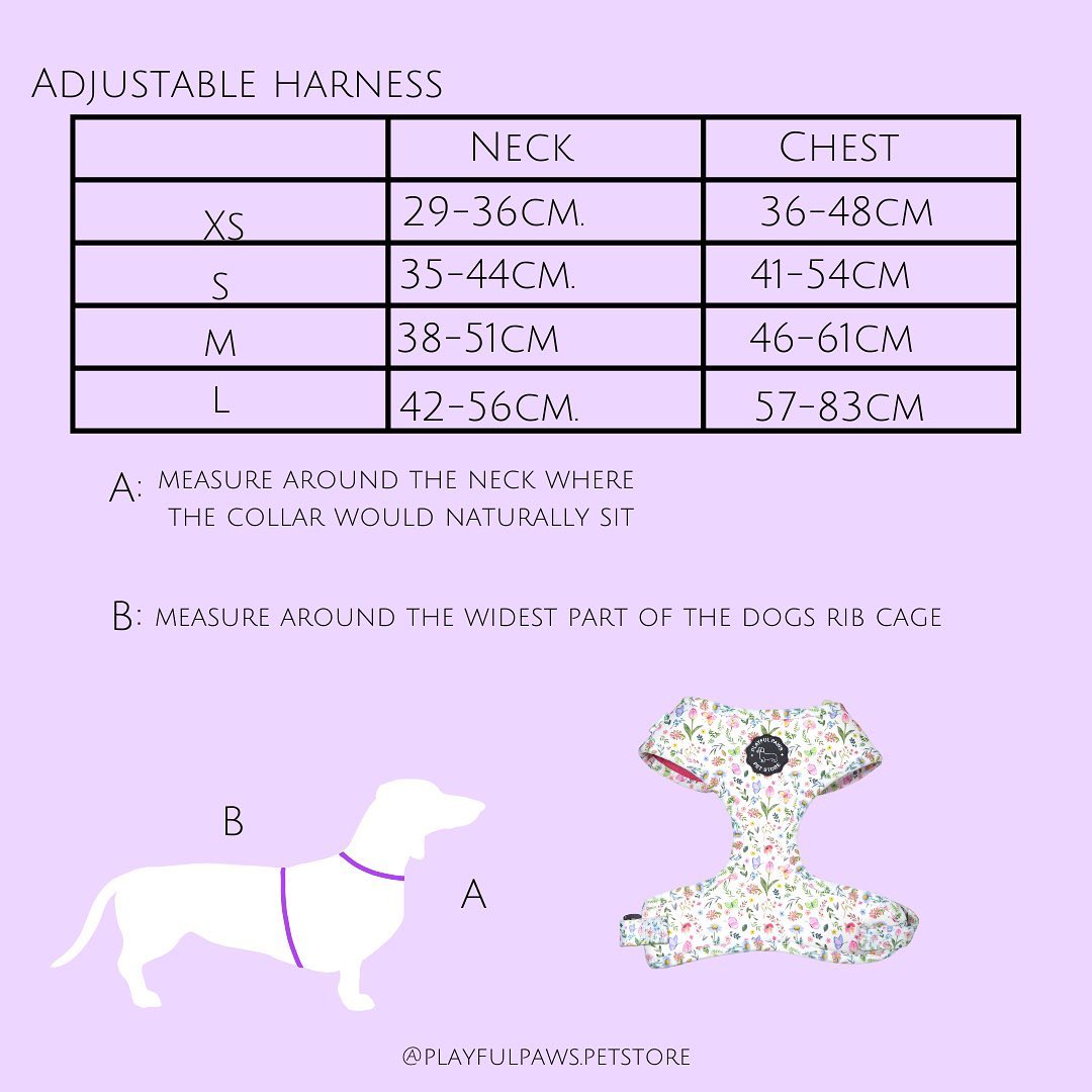 Adjustable harness size guide: XS neck 29-36cm chest 36-48cm, S neck 35-44cm chest 41-54cm, M neck 38-51cm chest 46-61cm, L neck 42-56cm chest 57-83cm